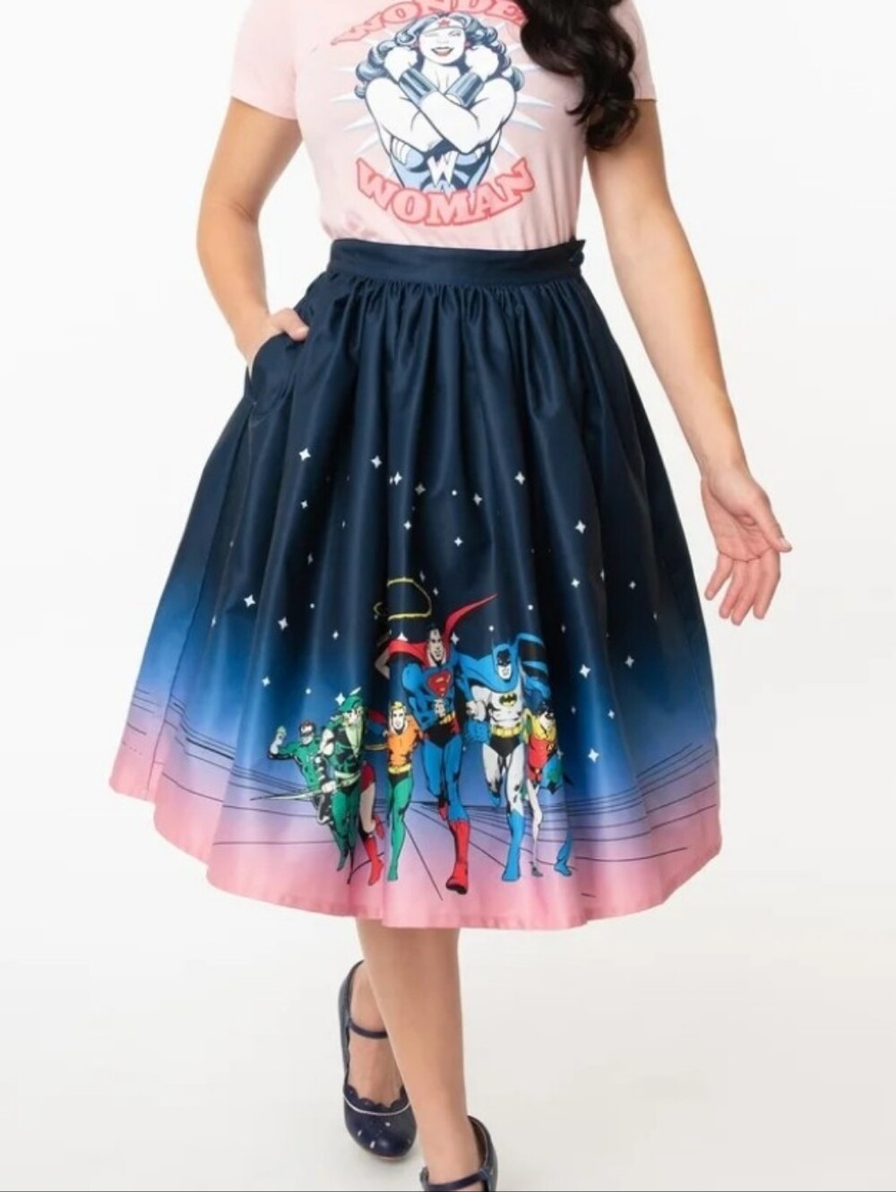 Justice League Wonder Woman Gradient Midi Skirt - Navy and Pink
